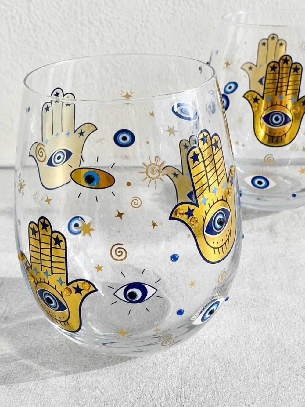 LOVE + LIGHT Wine Glasses Set Of 2 Hamsa Stemless Hamsa Evil Eye Stemless